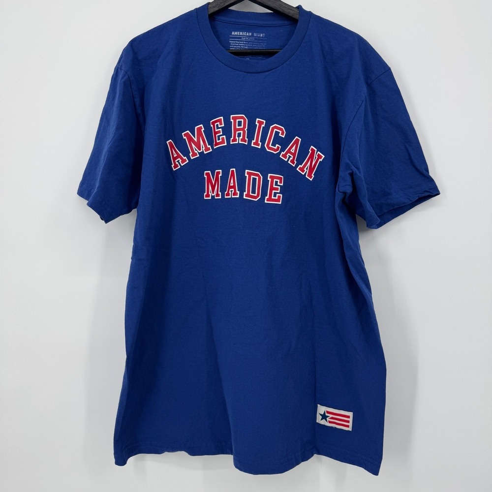 American Giant Mens XL Blue T Shirt Short Sleeve Crew Neck American Made Flag